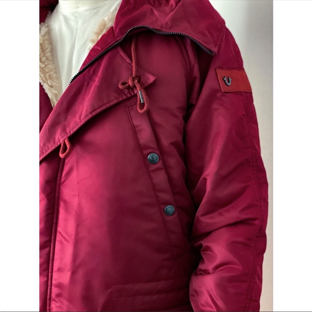 NEW True Religion Parka Fur Sherpa Zip Button Winter Jacket Hooded Coat Maroon - Picture 9 of 12